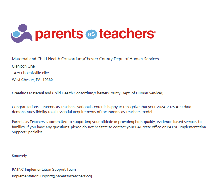 MCHCchesco's tweet image. We are proud to share that MCHC’s leadership and dedicated staff have once again met all program goals, outcomes for our affiliation with the evidence-based PAT model, earning recognition for full fidelity to all Essential Requirements.#Thankyou #amazingteam #passion #effective