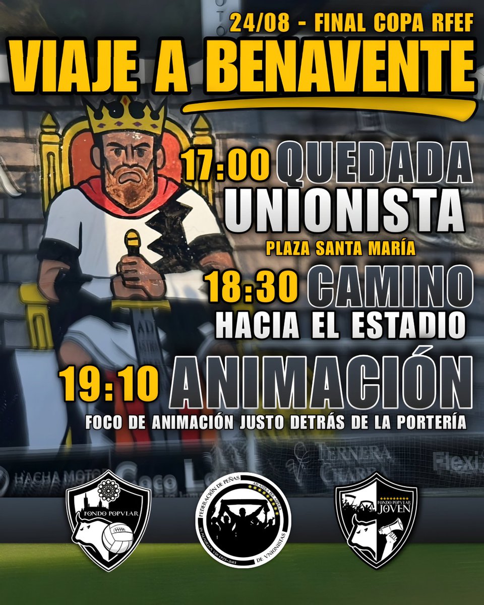 🚨⚽️ | FINAL COPA RFEF – FASE AUTONÓMICA

📍 Benavente | 🗓 Domingo 24/08

Unionistas, ha llegado la hora 🔥 Este domingo vamos a dejarlo todo en la grada para llevar a los nuestros a por el título 🏆

Queremos que el equipo sienta que no está solo.