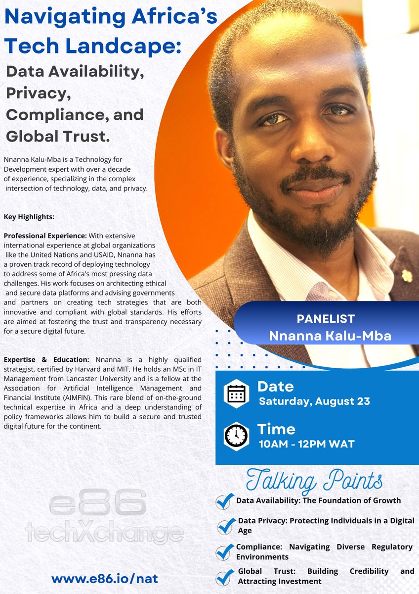 e86Limited's tweet image. Nnanna Kalu-Mba is a Harvard and MIT-certified Technology for Development expert. He will share insights on navigating data privacy and fostering compliance to build a trusted digital future for Africa.
Register now: e86.ng/nat/
#TechForDevelopment #Data
