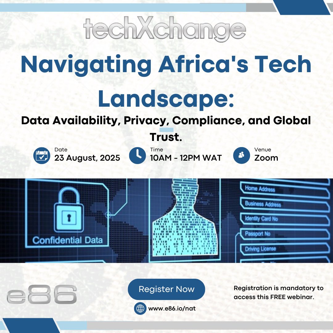 e86Limited's tweet image. Nnanna Kalu-Mba is a Harvard and MIT-certified Technology for Development expert. He will share insights on navigating data privacy and fostering compliance to build a trusted digital future for Africa.
Register now: e86.ng/nat/
#TechForDevelopment #Data
