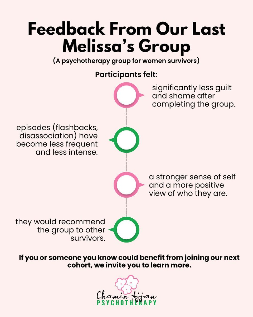 The feedback from our latest Melissa's Group was profoundly affirming. We're proud of the healing, connection, and courage that emerged. If you or someone you know could benefit from our next group, we invite you to learn more. #GroupTherapy #WomenSurvivors #MentalHealthAwareness
