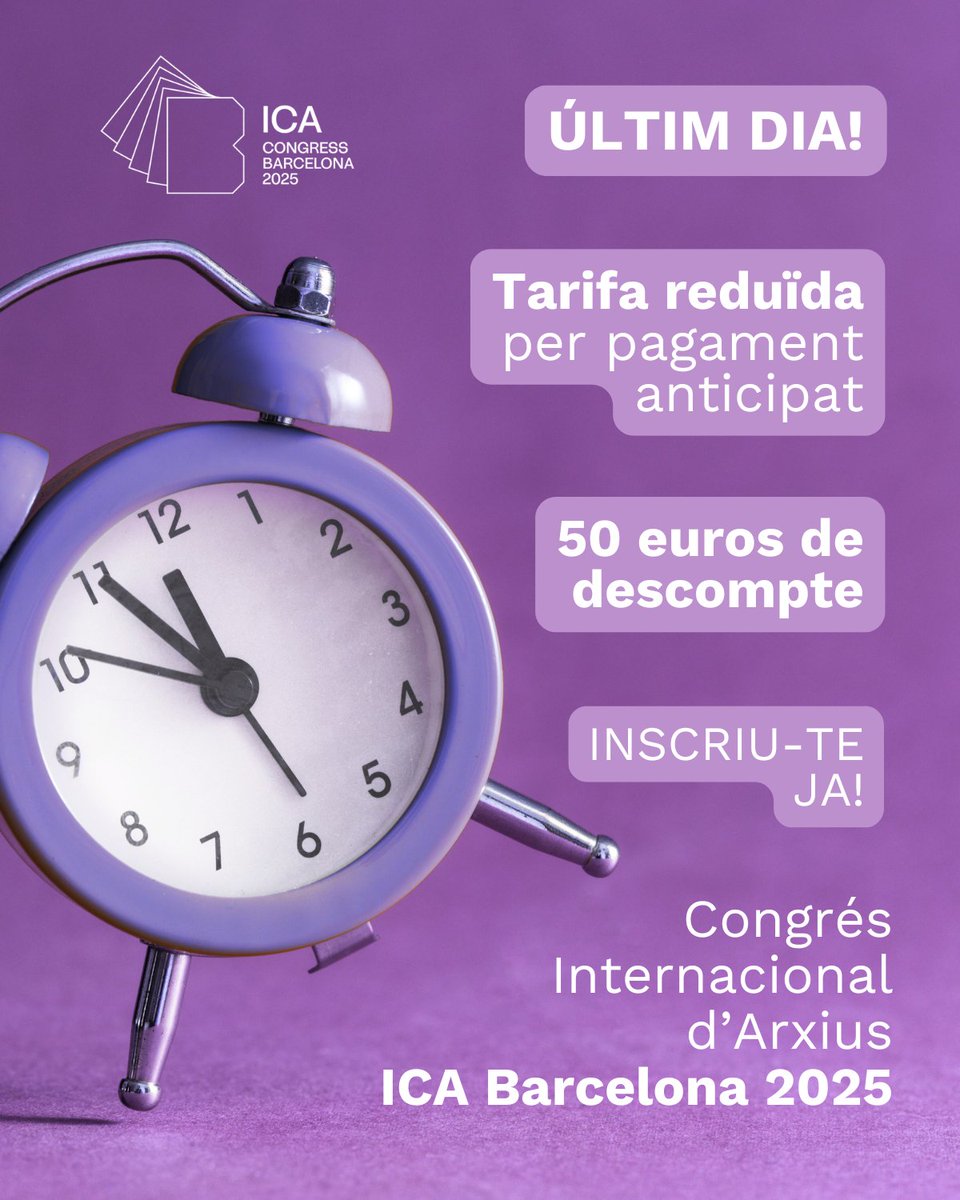 ⏰ Última oportunitat! 🚨 Només queda 1 dia per a inscriure’s al Congrés Internacional d’Arxius – ICA Barcelona 2025 amb tarifa reduïda. 

🗂️ Estalvia 50 € abans que el termini finalitzi aquest 21 d’agost. Des del 22, tarifa regular!

📌 Tarifes adaptades: membres de l’ICA,