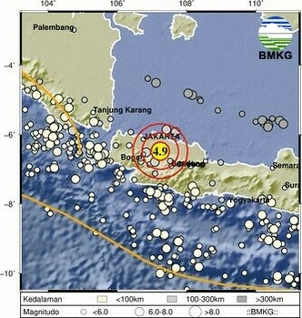 Gempa Mag:4.9, 20 Agustus 2025 19:54:55WIB, 14 km Tenggara Kab Bekasi, Kedalaman:10 Km