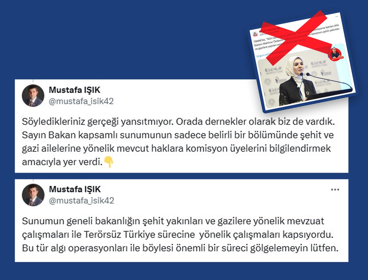 Türkiye Harp Malulü Gaziler, Şehit Dul ve Yetimleri Derneği Başkanı Mustafa Işık, Birgün'ün Aile ve Sosyal Hizmetler Bakanı Mahinur Özdemir Göktaş'ı Terörsüz Türkiye süreci üzerinden hedef alan algı haberini yalanladı.