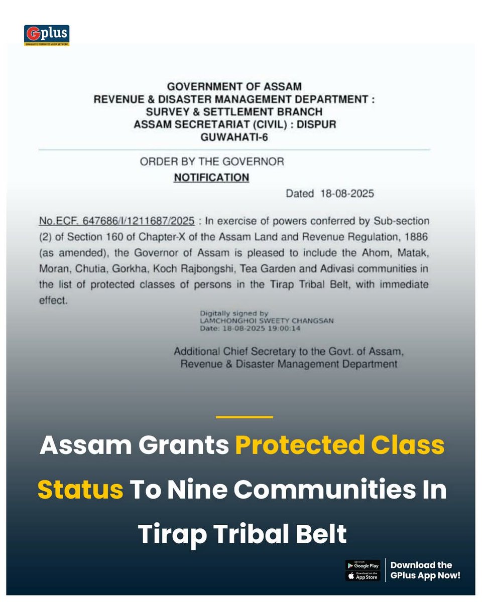 guwahatiplus's tweet photo. NEWS | Assam has included several indigenous and ethnic communities in the list of protected classes of persons in the Tirap Tribal Belt.
Read: https://t.co/1Hq5eRztvB
#Assam #protectedclass @mygovassam https://t.co/KYSz5SyFEn