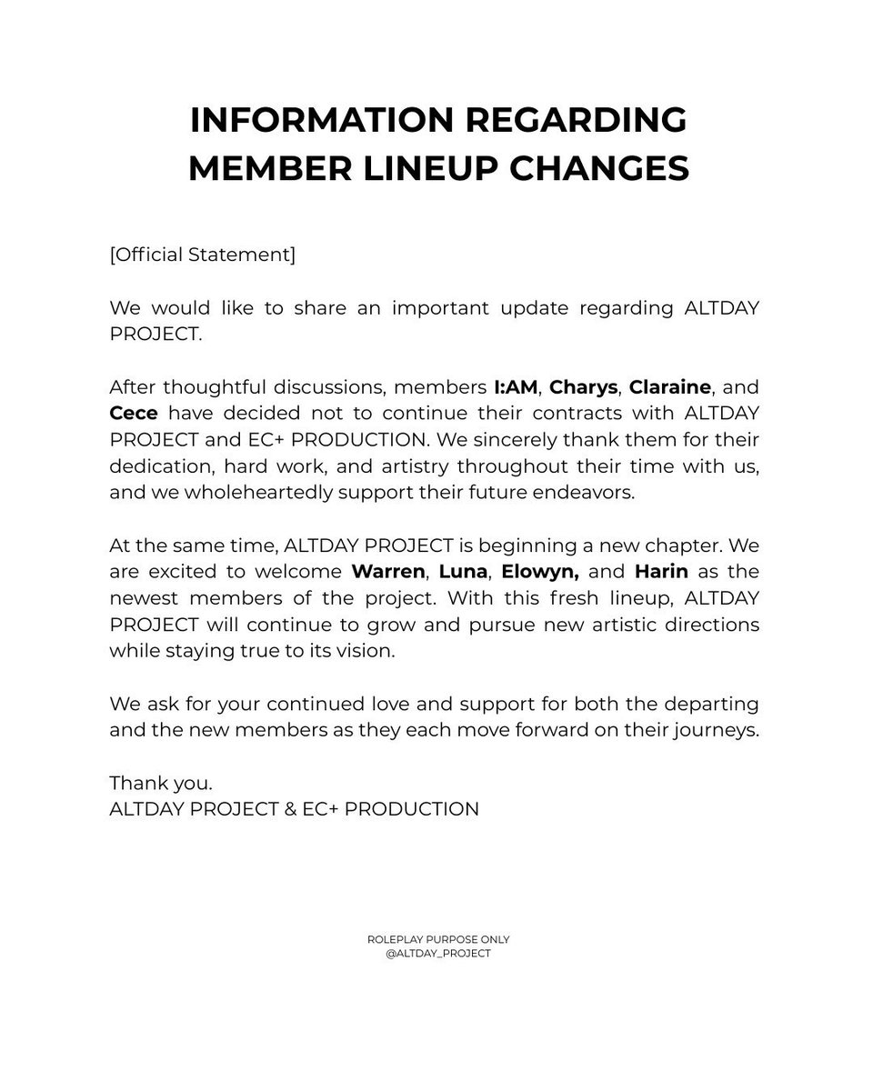 ALTDAY_PROJECT's tweet image. ㅤ
ㅤ
【 📨  #ALTNEWDAY 】
INFORMATION REGARDING
MEMBER LINEUP CHANGES...

read more: 𝐚͟𝐥͟𝐭͟𝐧͟𝐞͟𝐰͟𝐝͟𝐚͟𝐲͟.𝐢͟𝐧͟𝐟͟𝐨͟𝐫͟𝐦͟𝐚͟𝐭͟𝐢͟𝐨͟𝐧͟..͟.

ㅤㅤ