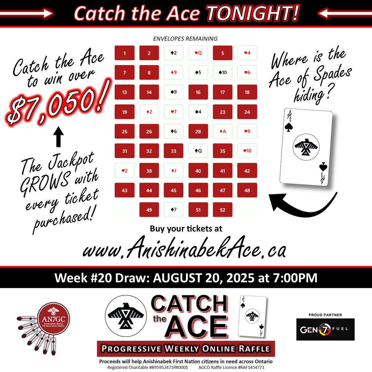 AN7GC's tweet image. The most #exciting day of the week is here! Our Catch the Ace Week #20 draw is taking place at 7:00pm TONIGHT! Buy your tickets now at AnishinabekAce.ca for your chance to #WIN the GROWING #Jackpot!