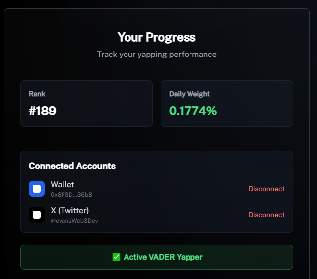 Evans Web3 Dev's Vader AI leaderboard progress showing rank #189 and daily weight