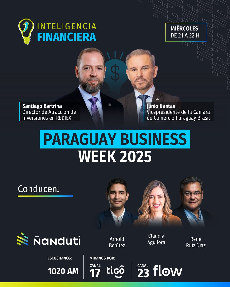 Hoy en #InteligenciaFinanciera 💡

🤩Nos visitarán el director de Atracción de Inversiones en Riedex, Santiago Bartrina y el vicepresidente de la Cámara de Comercio Paraguay Brasil,  Junio Dantas

➡️A partir de las 21:00 horas te acompañan #ClaudiaAguilera, <a href="/arnoldbenitez_/">Arnold Benítez Riveros</a> y