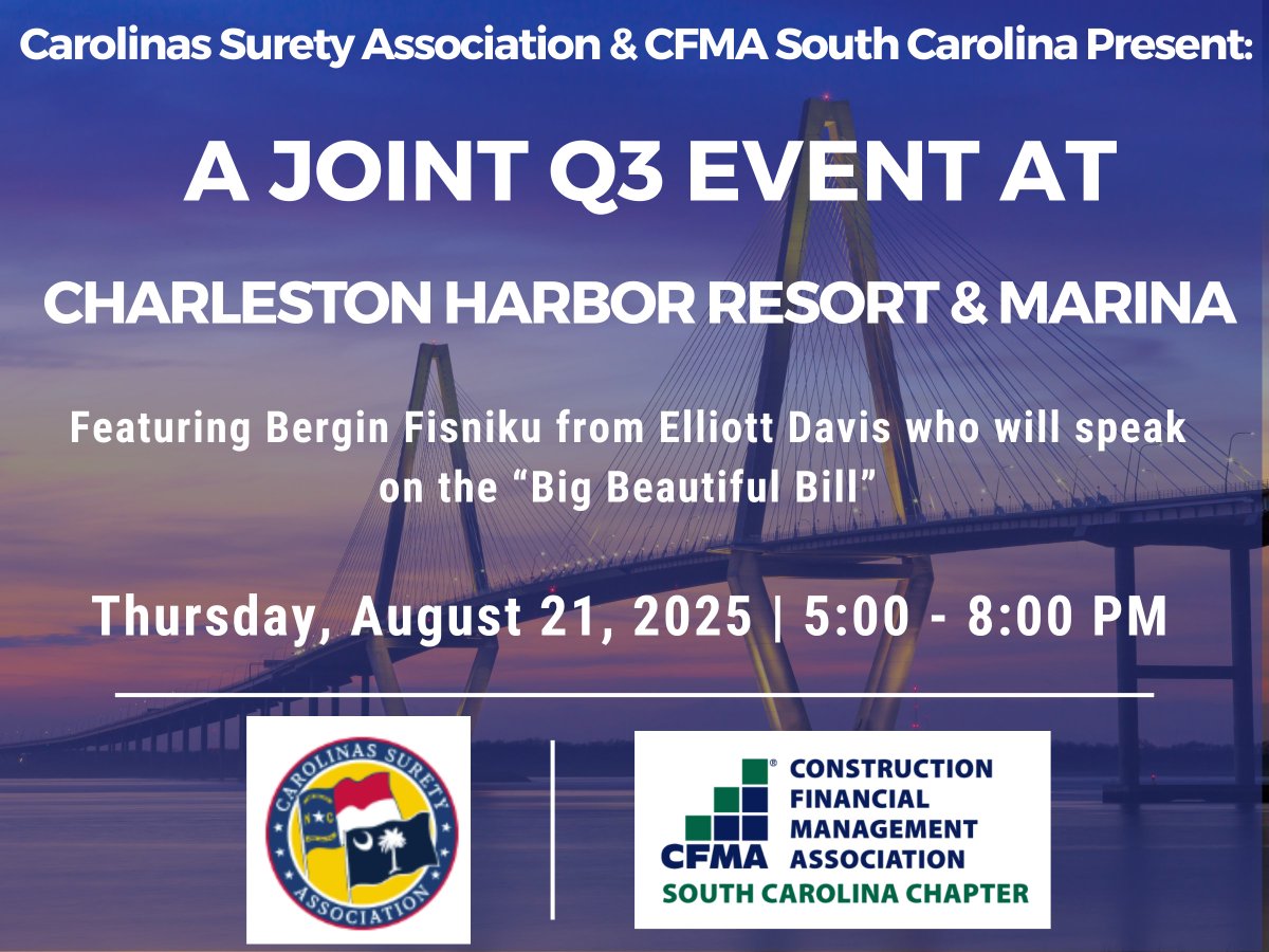 SC_CFMA's tweet photo. We look forward to seeing those of you attending our Joint Q3 Event with Carolinas Surety Association tomorrow!

Tomorrow, Aug. 21 | 5:00pm | Charleston Harbor Resort &amp; Marina
 
Find event details here ⇨ https://t.co/OuzRrRJXEw https://t.co/B3CuY4qBlj