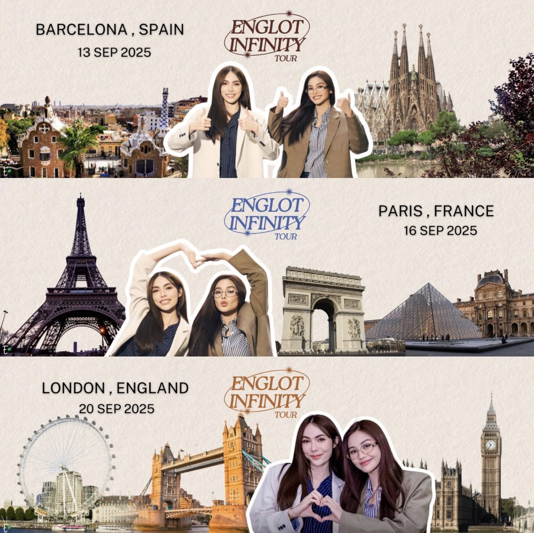 ENGLOT INFINITY FANMEET TOUR IN EUROPE ♾️

13 SEP 2025 - BARCELONA, SPAIN 
16 SEP 2025 - PARIS, FRANCE 
20 SEP 2025 - LONDON, ENGLAND 

#EnglotInfinityTour
#อิงฟ้ามหาชน #ชาล็อตออสติน 
#EngfaWaraha #CharlotteAustin
#อิงล็อต #englot