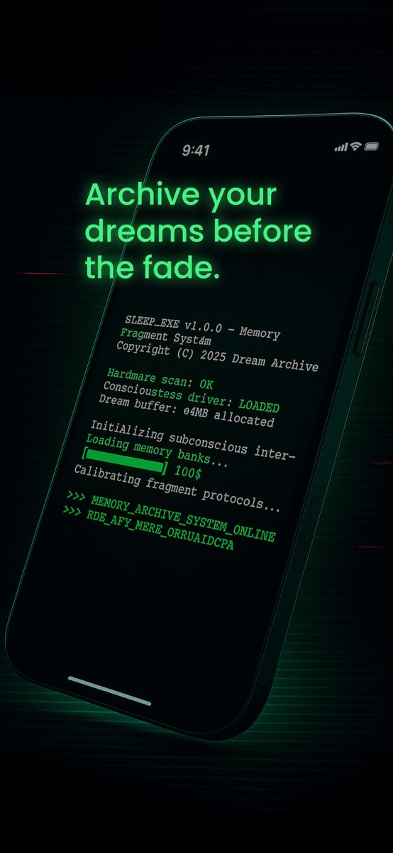 AetomiaStudio's tweet image. sleep.exe is live on the @AppStore, a terminal-style dream journal. Capture fragments, tag them, lock with AES-256. Local-only. 

Offline by design. Archive before the fade. 

👉 Download : apps.apple.com/us/app/sleep-e…

#DreamJournal #PrivacyFirst #iOS