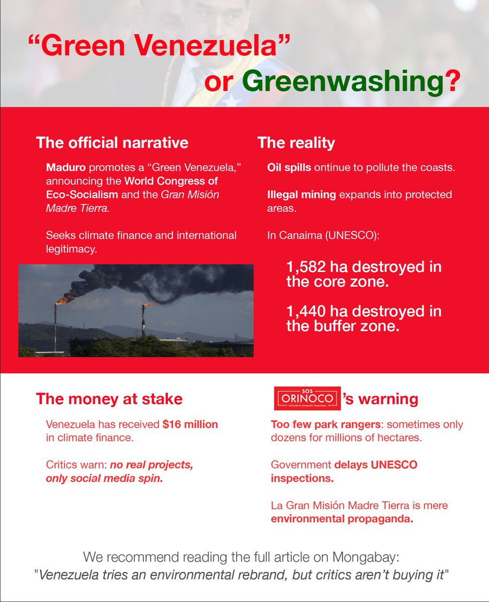 SOS Orinoco (@sosorinoco) on Twitter photo Maduro promotes a “Green Venezuela”, but the reality is oil spills, illegal mining & repression of NGOs.
Climate finance is fueling greenwashing, not conservation.
Funding the regime = funding destruction.
Full article via <a href="/MongabayLatam/">Mongabay Latam</a> Mongabay:
“Venezuela tries an Maduro promotes a “Green Venezuela”, but the reality is oil spills, illegal mining & repression of NGOs.
Climate finance is fueling greenwashing, not conservation.
Funding the regime = funding destruction.
Full article via <a href="/MongabayLatam/">Mongabay Latam</a> Mongabay:
“Venezuela tries an
