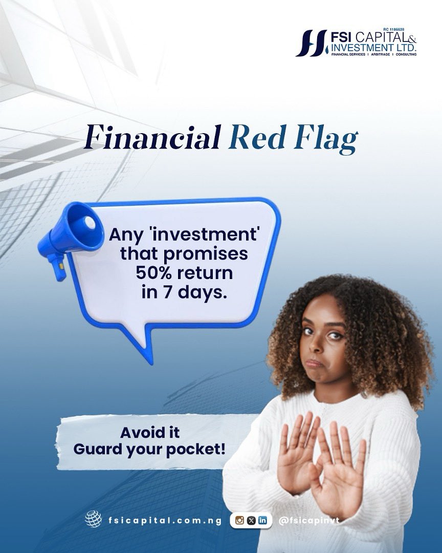 fsicapinvt's tweet photo. Financial Red Flag 🚩 

Any investment that promises 50% return in 7 days. 🌚 (run oh)

Avoid it! Guard your pocket 

#financialredflags #avoidponzyschemes #guardyourpocket #fsicapital https://t.co/rkPPvvnTKe