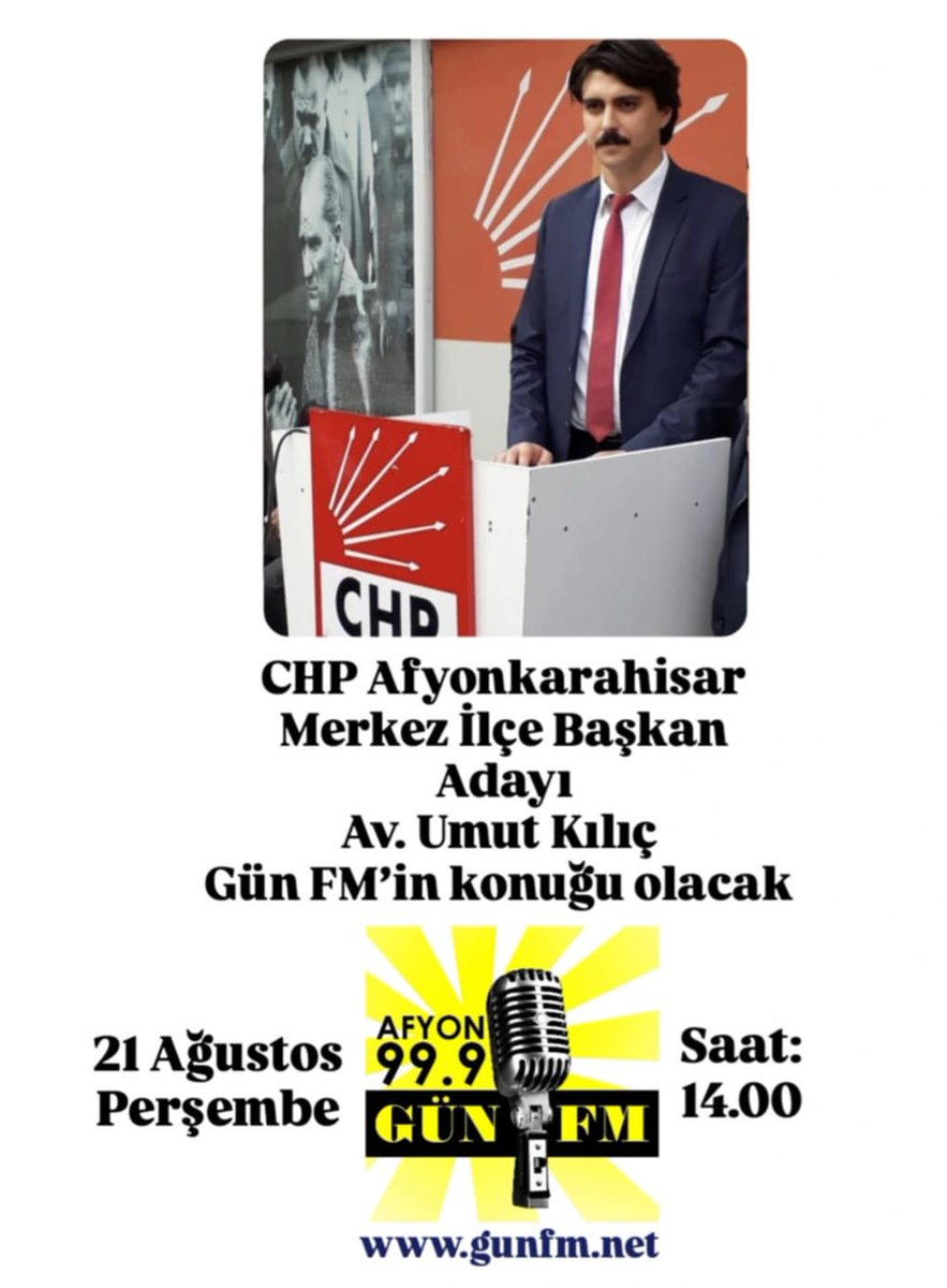 Afyon Gün FM (@afyongunfm) on Twitter photo CHP Afyonkarahisar Merkez İlçe Başkan Adayı Av. Umut Kılıç, Gün FM'de Gazeteci İsmail Akar'ın konuğu olacak.
Programı 21 Ağustos Perşembe günü saat 14.00'de dinleyebilirsiniz.
Radyonuz açık olsun. <a href="/ismailakar03/">İsmail Akar</a> CHP Afyonkarahisar Merkez İlçe Başkan Adayı Av. Umut Kılıç, Gün FM'de Gazeteci İsmail Akar'ın konuğu olacak.
Programı 21 Ağustos Perşembe günü saat 14.00'de dinleyebilirsiniz.
Radyonuz açık olsun. <a href="/ismailakar03/">İsmail Akar</a>