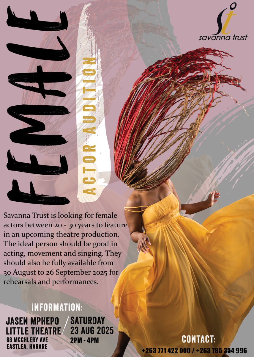 OPPORTUNITY ALERT📌📌

Savanna Trust will be conducting auditions for female actors (20–30 years) to feature in an exciting upcoming theatre production. 
If you’ve got the passion for acting, movement and singing — this is your chance to shine on stage!