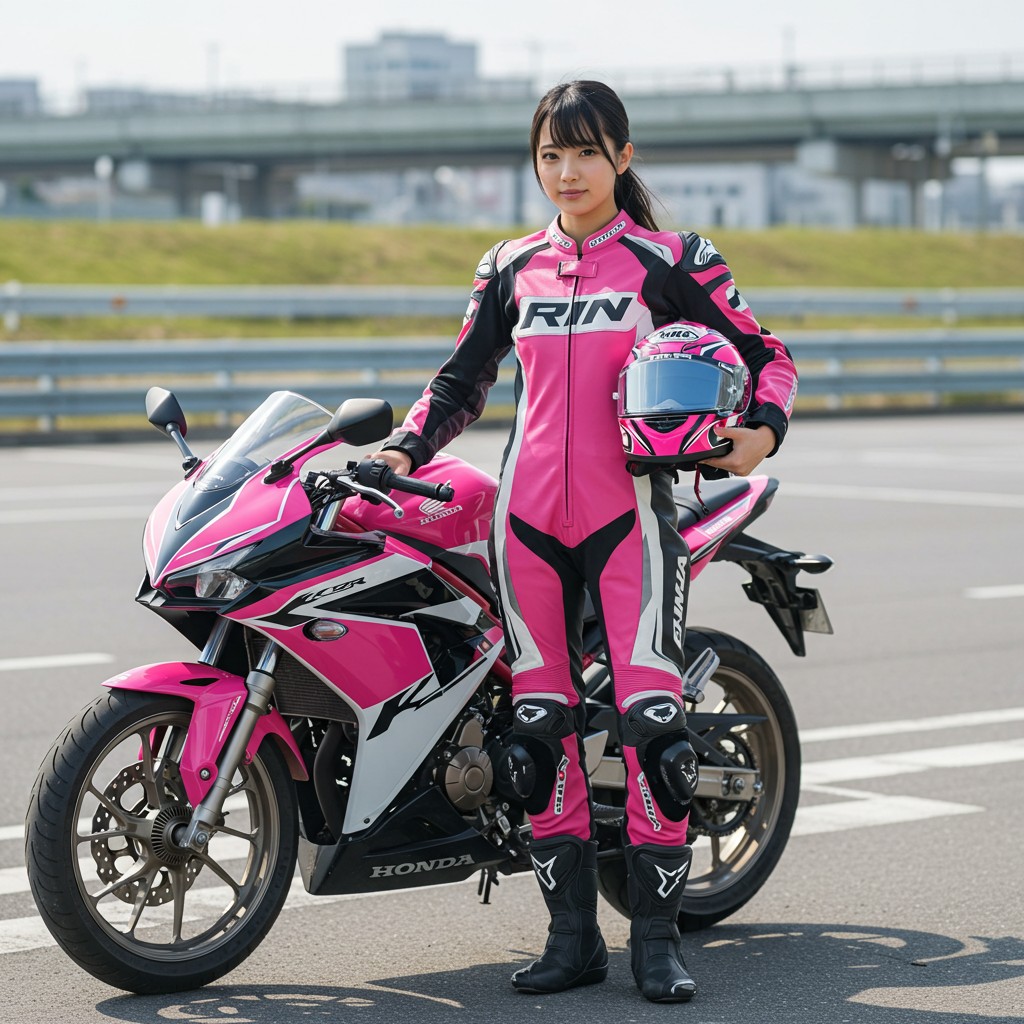 1ctDMMbp1DXk4n3's tweet image. 凜「急用ができたため１日遅れになってしまいましたが、&quot;バイクの日&quot;用に撮影した画像をアップしておきますね。ピンクの革ツナギはサーキット用の勝負スーツなんですが、今回の写真は高速のPAで撮ったもので特別です」
#imageFX　#水野凜　#バイクの日