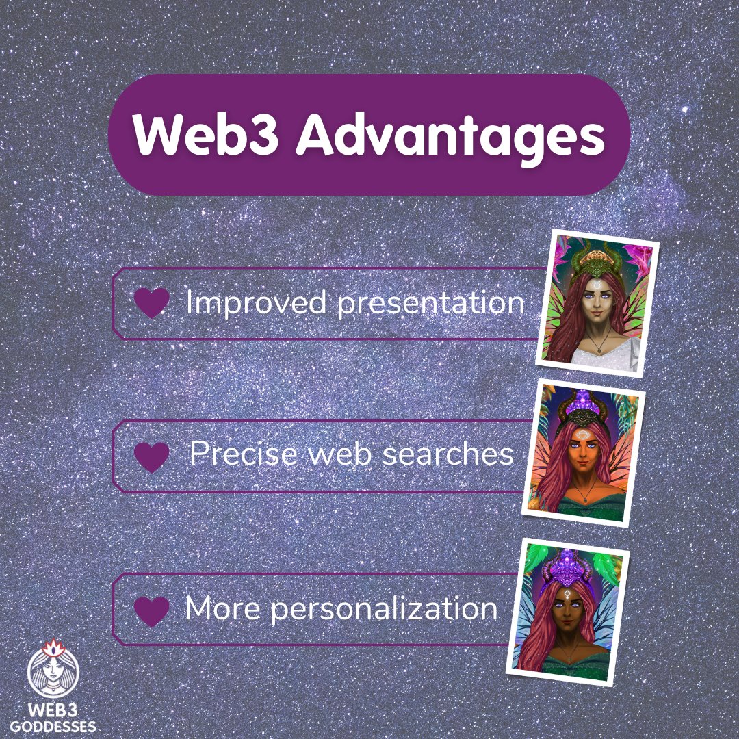 web3goddesses's tweet photo. Web 3.0 has the key aims of creating more intelligent, linked, and open websites and making the internet accessible to everyone. #Web3 #web3community #womeninweb3 #web3engine https://t.co/lhCxPoLw0s