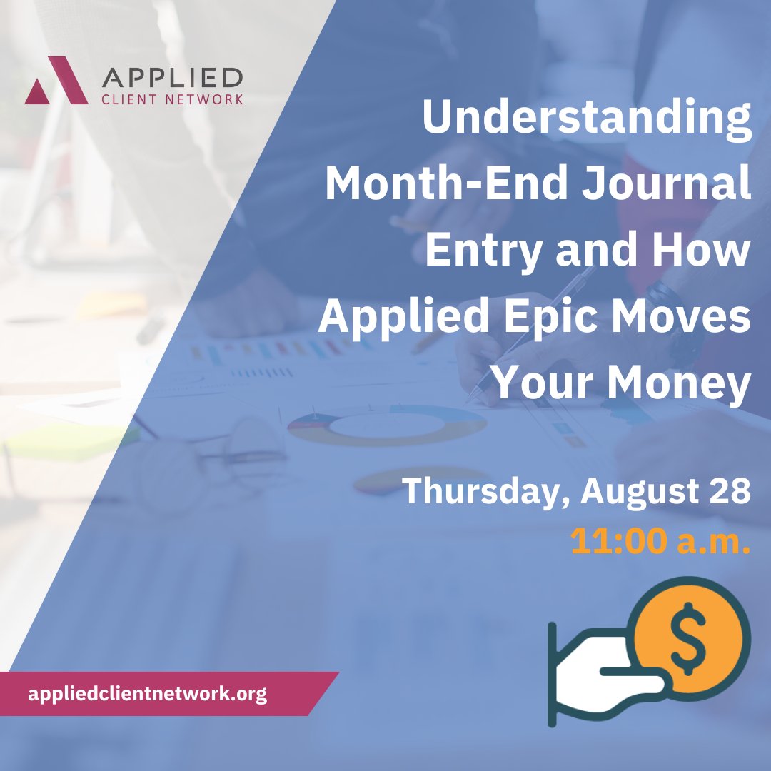 Understanding and validating the Month-End Journal Entry (MJE) is a key part of the Applied Epic® accounting system. Do you know where your money is moving and why? Join this session at 11 a.m. CT on Aug. 28 to learn about Accounting Method choices: learning.appliedclientnetwork.org/products/under…