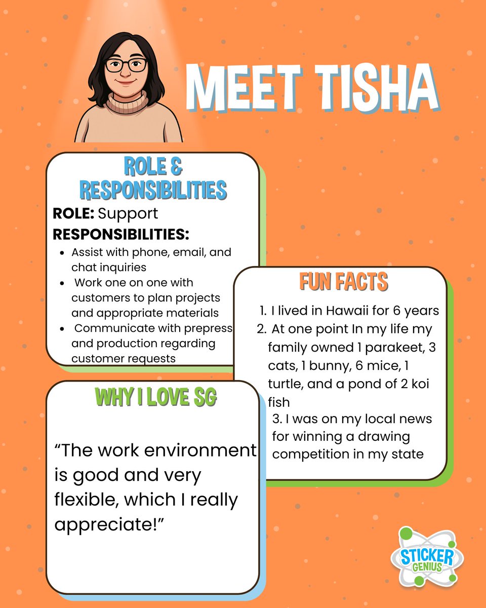 StickerGenius's tweet image. Meet Tisha, the friendly face (and voice) helping our customers with their projects while keeping things running smoothly behind the scenes. We’re so lucky to have her on the Sticker Genius team! 💚 

#EmployeeSpotlight #TeamTuesday #StickerGenius #ShopSmall #WomenOwned