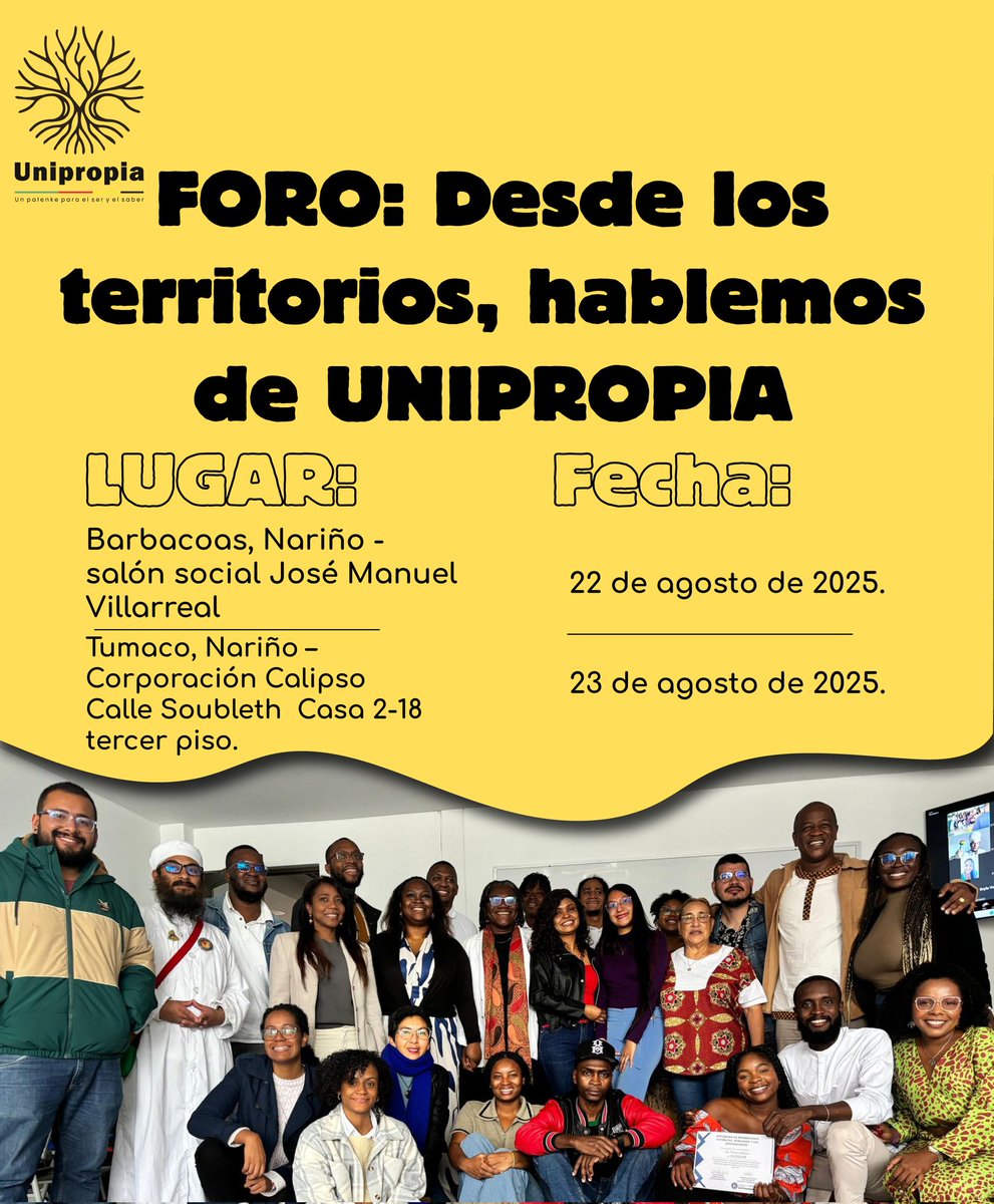 #PaLasRaíces || ✊🏿 Foro “Desde los territorios, hablemos de UNIPROPIA”
👉 Construimos la universidad afrocentrada desde nuestras raíces, con saberes territoriales, organización comunitaria y acción política.