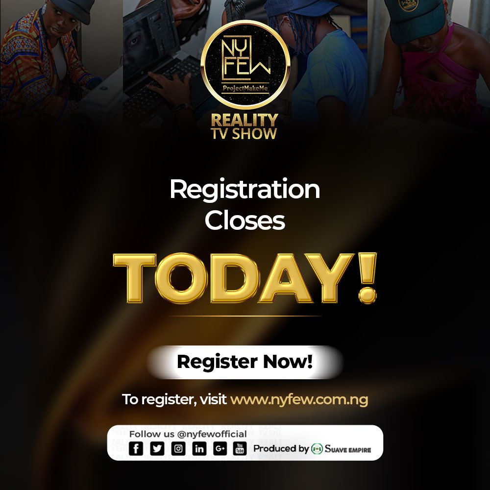 NYFEWofficial's tweet image. 🚨 REGISTRATION IS CLOSING TODAY!

JOIN the movement that could change your life forever TODAY!

 ₦25 MILLION NAIRA is up for grabs in the NYFEW #ProjectMakeMe  Reality TV Show 2025

Open to all skilled Nigerian youth in the Fashion ecosystem (ages 18–35)

Registration is FREE