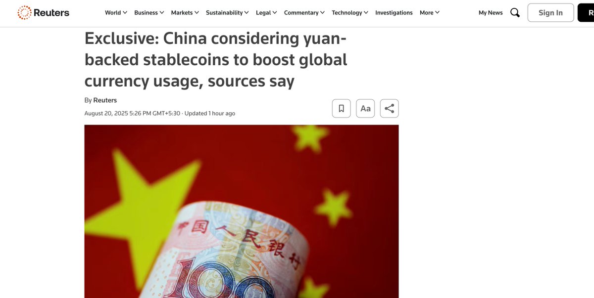 simplykashif's tweet photo. Hold onto your wallets! Massive News!!!

China’s🇨🇳 is plotting yuan-backed stablecoins.

To turbocharge global adoption and to counter USD dominance in stablecoins!

A radical pivot from the 2021 crypto crackdown! https://t.co/ESoCzSlUZR