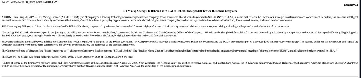 Press release exhibit on BIT Mining's rebrand to SOLAI and Solana focus