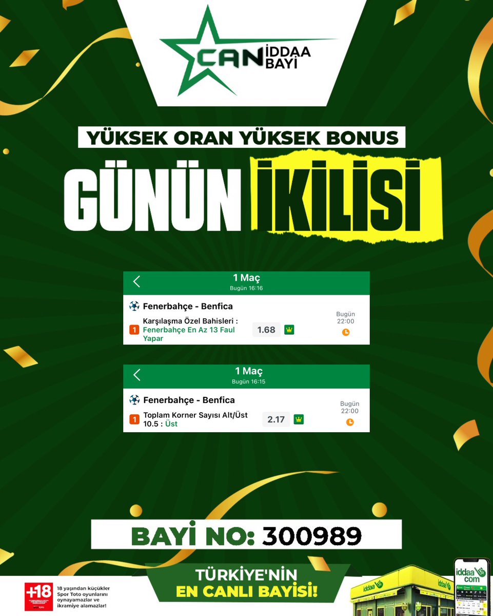 #Fenerbahçe - #Benfica

Maçına 2 özel tercih bıraktım.📌

Bana göre ikisi de %90… gelmeye yakın.🩵

Şans bizimle olsun 🍀 

Emojilerle , rt lerle destek olmaya devam edin ki devamlı paylaşımları yakalayın ✅ 

#iddaa #iddaacom #yasaliddaa #iddaabayii