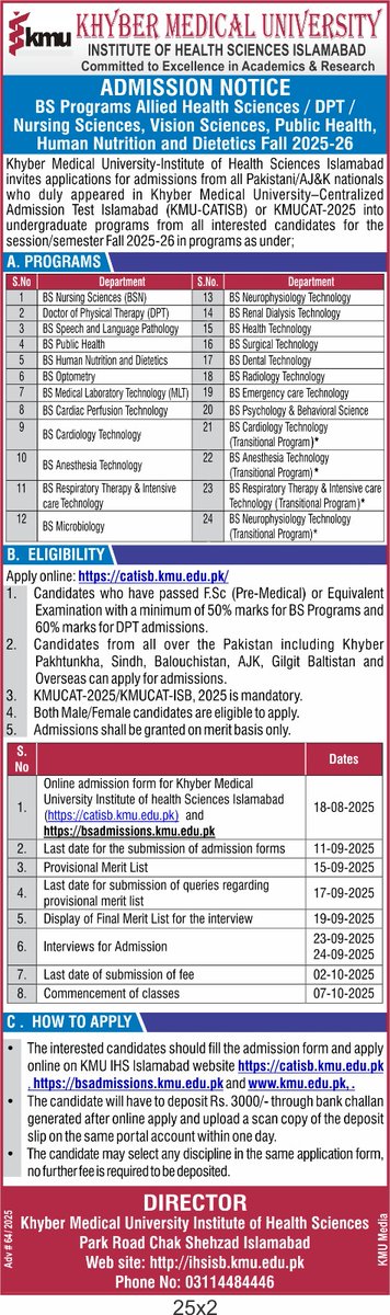 KMU Islamabad announces Fall 2025-26 admissions for BS Allied Health, DPT, Nursing and more.