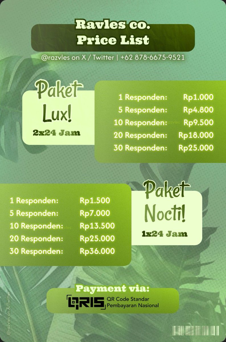 razvles's tweet photo. Jasa kuesioner 
Butuh responden cepat? Ravles Co. solusinya.
📉 Google Form kamu sepi-sepi aja? Serahin ke kami! *Ravles Co.*
✨ *Lux* – 48 jam, mulai Rp1.000/responden 
🌙 *Nocti* – 24 jam, mulai Rp1.500/responden
📌 Kami juga melayani *Google Review* 
#zonauang #zonaba https://t.co/Lfx0nVIn4g