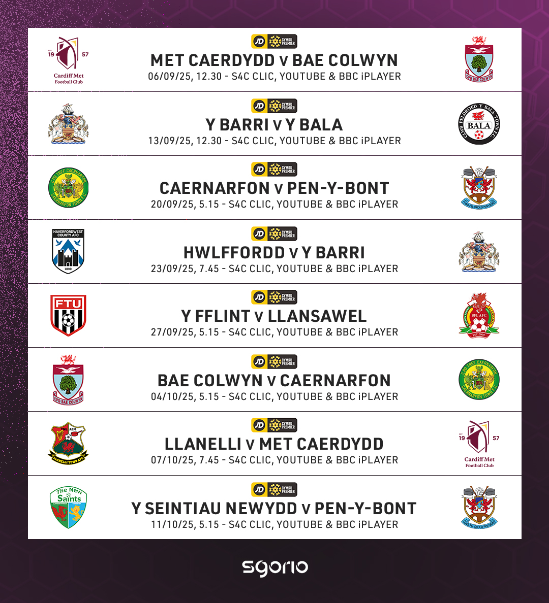 Cyhoeddi'r gyfres nesaf o gemau byw Sgorio 🤩⚽️

Our upcoming live #JDCymruPremier matches are confirmed ⤵️