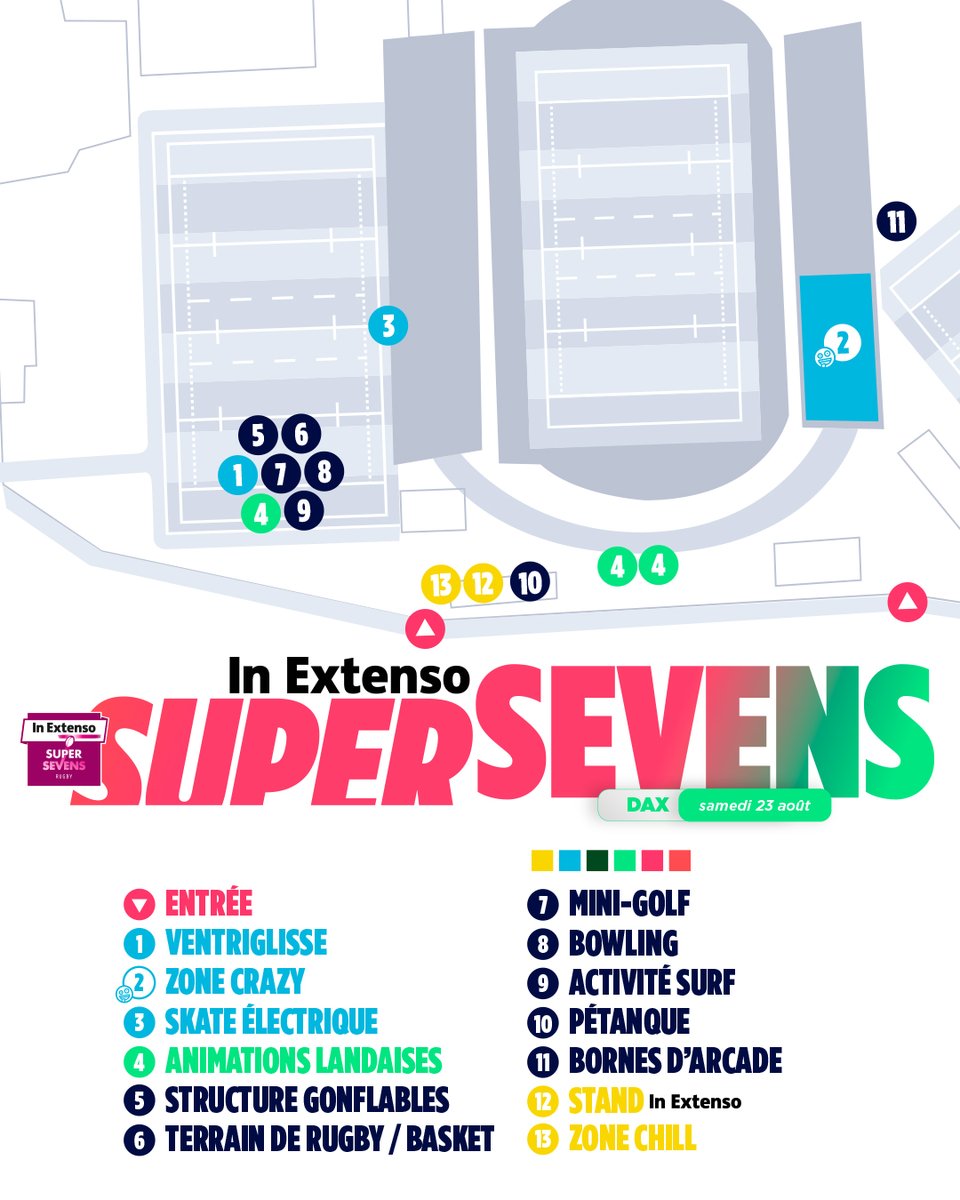 Retrouvez toutes les animations présentes à Dax ce samedi :

🤹 Terrain de pétanque
🤪 Tribune Crazy
🎵 DJ Set
🦸 Concours de déguisement
🏊 Jacuzzi

⏩ Places toujours disponibles, prends tes billets ici 👉 billetterie.lnr.fr/fr 
#InExtensoSupersevens