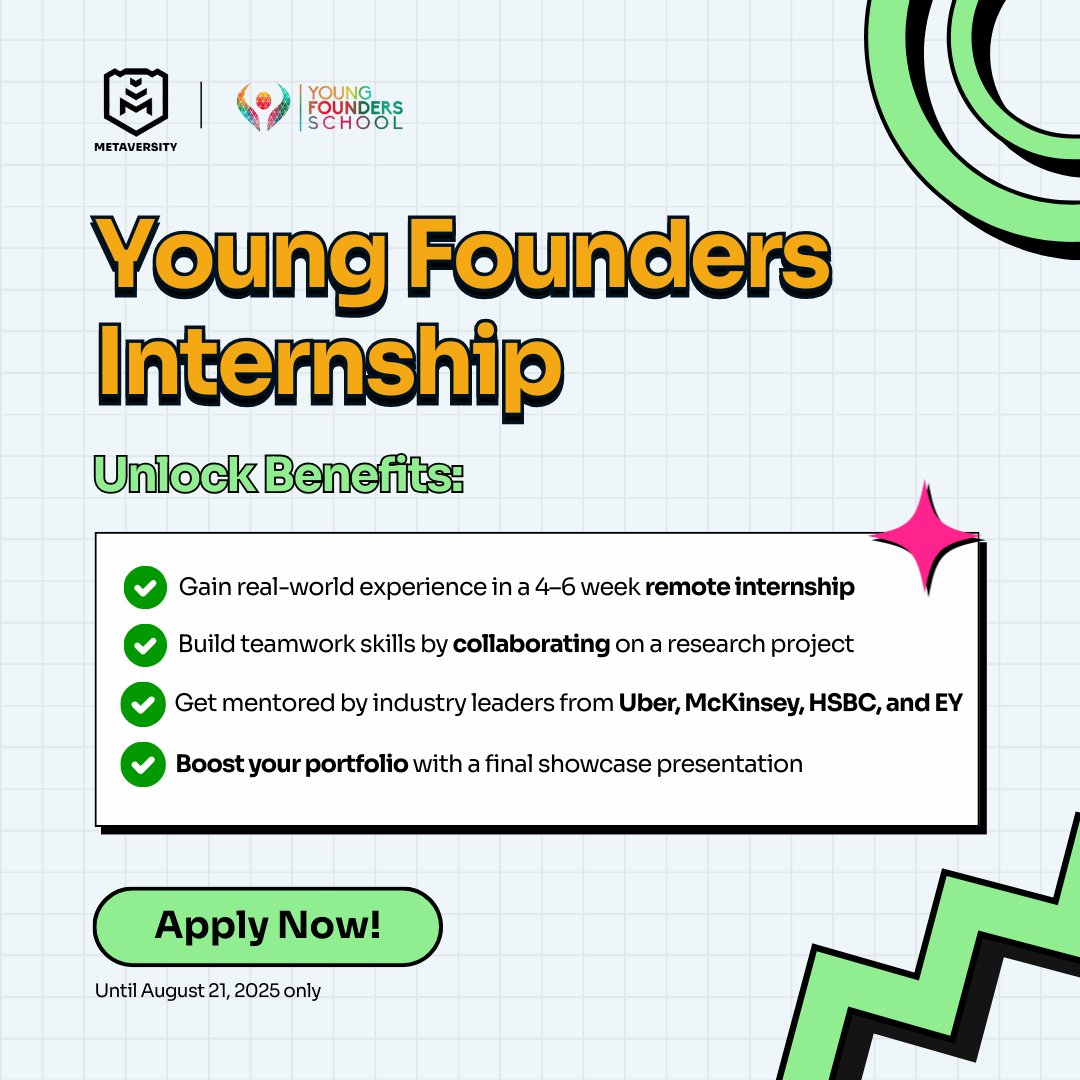 Your resume doesn’t have to wait for graduation. 🌟

Gain real-world experience through a 4–6 week global internship with Young Founders School, free and fully remote.

Start building your future today! Apply now at bit.ly/yfyggpilot