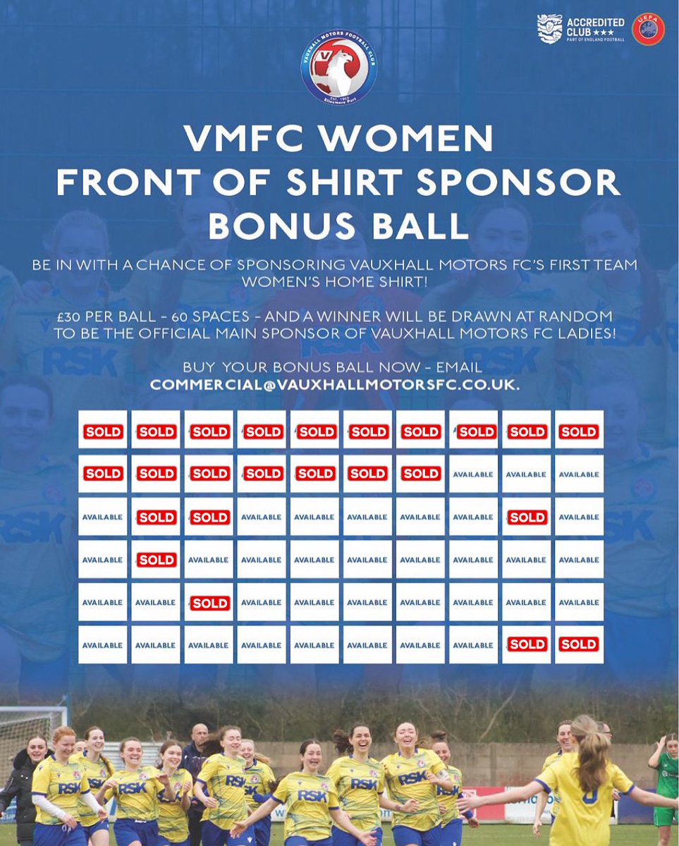 🚨 FRONT OF SHIRT SPONSORSHIP 🚨

We’re giving YOU the chance to become the official main sponsor of Vauxhall Motors FC Women’s First Team home shirt 👕⚽️

Just £30 per ball – 60 spaces in total – 📩 To grab your space, email: commercial@vauxhallmotorsfc.co.uk