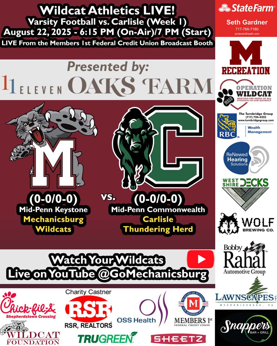 Michael Garland (@micmikemicmike) on Twitter photo The <a href="/GoMechanicsburg/">Wildcat Athletics</a> football faces Carlisle Friday for Game 1 of the 2025 season! Catch pre-game at 615p, including an interview w/Coach Heckard & the <a href="/WildcatFndt/">Wildcat Foundation</a>! <a href="/Cats2004/">David Harris</a> and I have the call! <a href="/Clink_Sports/">Cumberlink Sports</a> <a href="/Pa_Preps/">High School Sports on PennLive</a> <a href="/allieberube/">Allie Berube</a> <a href="/EPAFootball/">EasternPAFootball</a> youtube.com/live/OAwEwwHO-… The <a href="/GoMechanicsburg/">Wildcat Athletics</a> football faces Carlisle Friday for Game 1 of the 2025 season! Catch pre-game at 615p, including an interview w/Coach Heckard & the <a href="/WildcatFndt/">Wildcat Foundation</a>! <a href="/Cats2004/">David Harris</a> and I have the call! <a href="/Clink_Sports/">Cumberlink Sports</a> <a href="/Pa_Preps/">High School Sports on PennLive</a> <a href="/allieberube/">Allie Berube</a> <a href="/EPAFootball/">EasternPAFootball</a> youtube.com/live/OAwEwwHO-…
