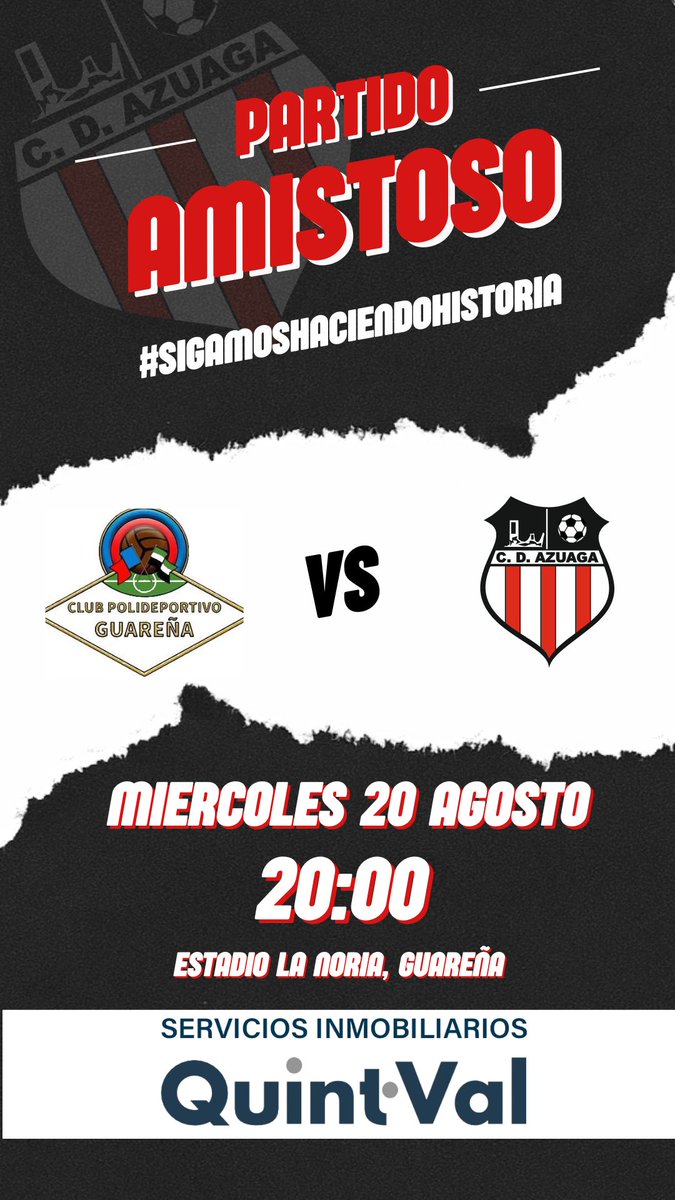 PRETEMPORADA 25-26 | AMISTOSO

<a href="/CPGuarena/">CP Guareña</a> 🆚 CD AZUAGA

MIÉRCOLES 20 AGOSTO.

20:00 HORAS.

ESTADIO LA NORIA (GUAREÑA).

Informacion patrocinada por SERVICIOS INMOBILIARIOS QUINT•VAL