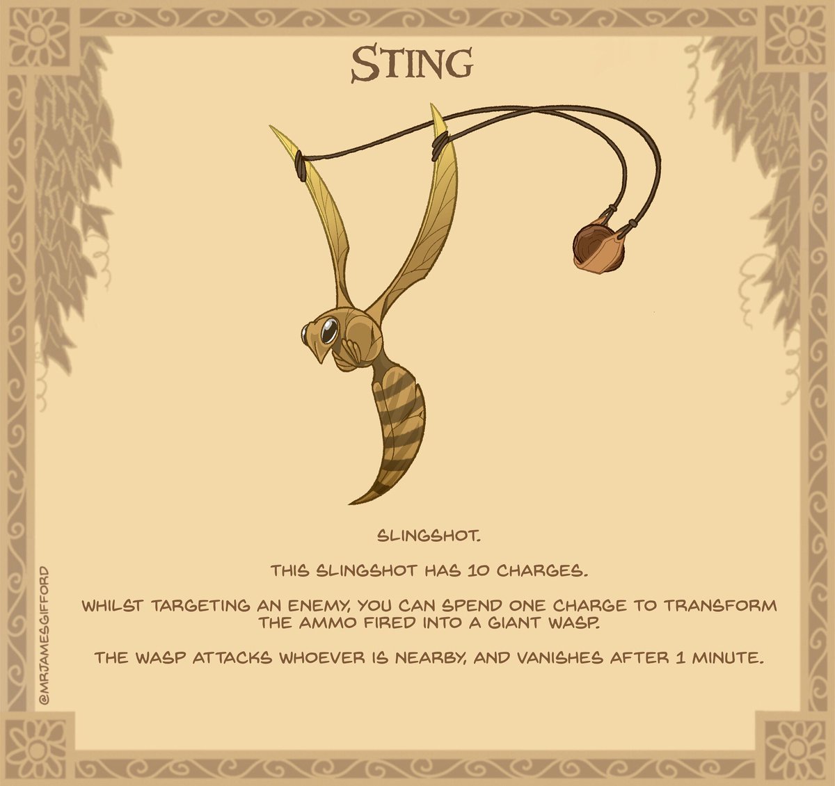4. Sting 😉☄️🐝
Once owned by a reclusive beekeeper, this slingshot is warm to the touch. It emits a frenzied buzzing when the string is pulled taught.

Working on a new deck of items! At long last haha
#dnd #ttrpg #fantasy #dungeonsanddragons #savethebees