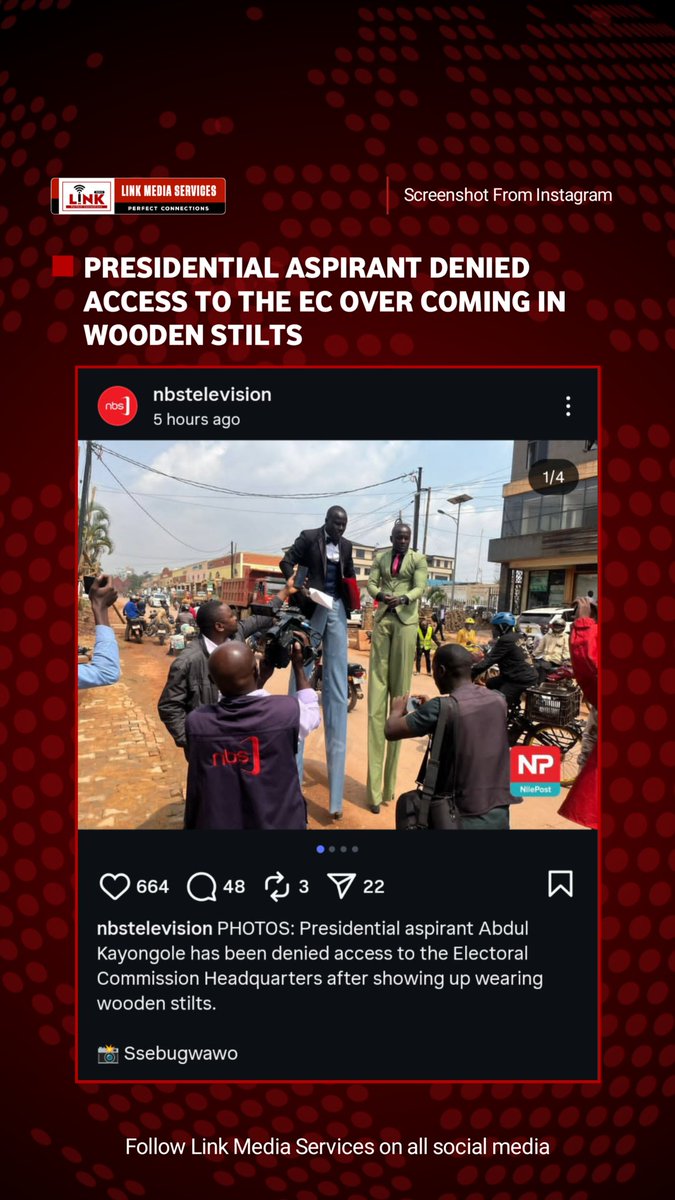 LinkMediaCom's tweet photo. Presidential aspirant denied access to the ec over coming in wooden stilts.
From NBS
#LinkMediaServices #LinkUpdate #UG2026 https://t.co/UDhWlFUcNK