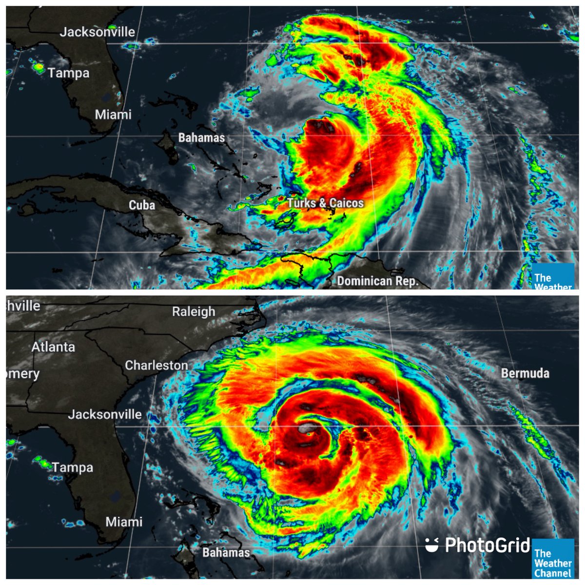 TWCAlexWallace's tweet photo. Hurricane #Erin has definitely tried to get its act together! Dry air &amp; shear were an obstacle yesterday (top pic). A little better organized today (bottom pic). We’ll see if we get an uptick in the wind speeds! Regardless, coastal dangers remain the same. #DontGetInWater https://t.co/0TWsiiOwVp