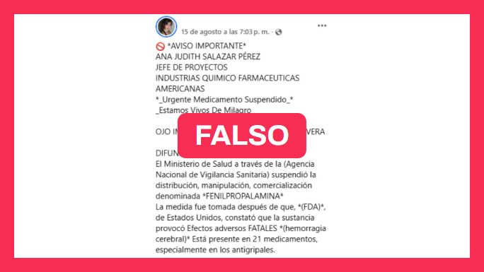 Es falso que se suspendió la comercialización de medicamentos antigripales con fenilpropanolamina en Argentina ❌💊 

📣 La ANMAT confirmó que esta sustancia está prohibida en el país desde 2001. chequeado.com/ultimas-notici… 

✒️ <a href="/eugeleis/">eugenia</a>
