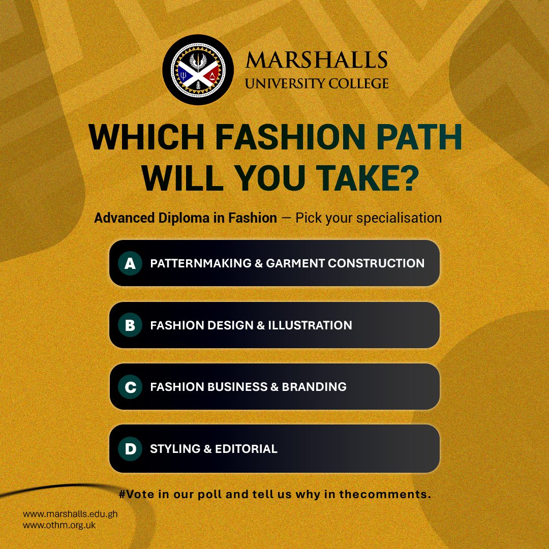 marshalls_uc's tweet image. WHICH FASHION PATH WILL YOU TAKE?
Advanced Diploma in Fashion — pick your specialisation.

Vote in our poll and tell us why in the comments.
#advanceddiplomafashion
#fashionpoll
#marshallsfashion
#chooseyourpath