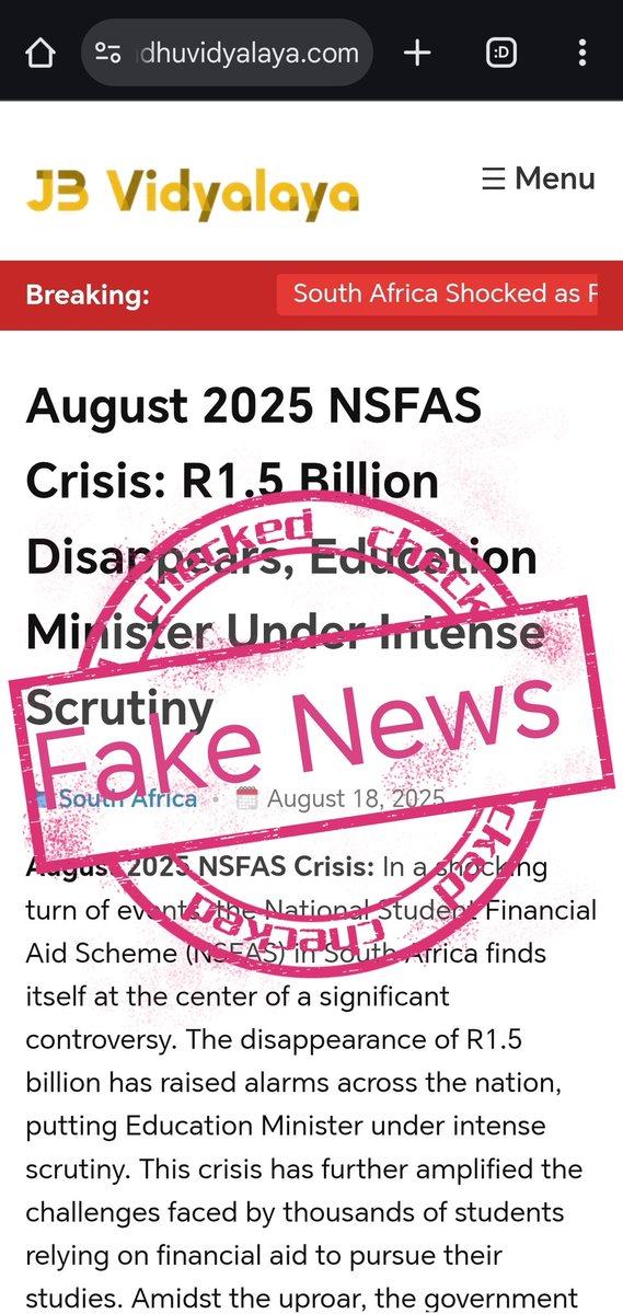 myNSFAS's tweet photo. 🚨FAKE NEWS ALERT🚨
August 2025 NSFAS Crisis covered by unverified online blogs sources-🔍🌐👀 Fake News on the reports claim R1.5 BILLION has “vanished into thin air”
#FakeNews #MissingFacts #FactsChecked #FactsVerified #NSFAS2025✅ https://t.co/F28gWg3SI4