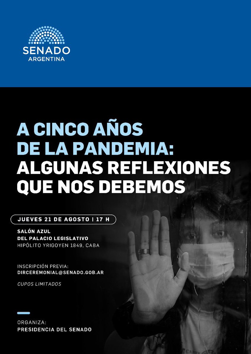 Victoria Villarruel (@vickyvillarruel) on Twitter photo Mañana en el Senado tendremos una mirada crítica de lo que fue la tragedia de la pandemia hace 5 años. A las 17 hs solo con inscripción previa a dirceremonial@senado.gob.ar dado que el cupo es limitado. ¡Los esperamos! Mañana en el Senado tendremos una mirada crítica de lo que fue la tragedia de la pandemia hace 5 años. A las 17 hs solo con inscripción previa a dirceremonial@senado.gob.ar dado que el cupo es limitado. ¡Los esperamos!