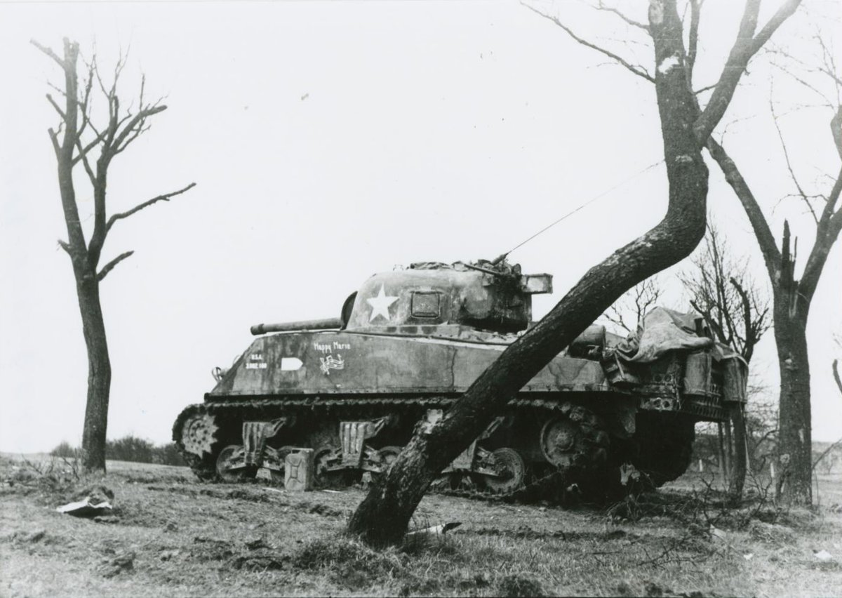 An M4A3 (75)W VVSS of the US 12th Armored Division, eastern France or Germany, early spring 1945.
The stowage rack was a common modification in the 12th and 14th ADs, but the intricate logo on the side is unique to this tank.
