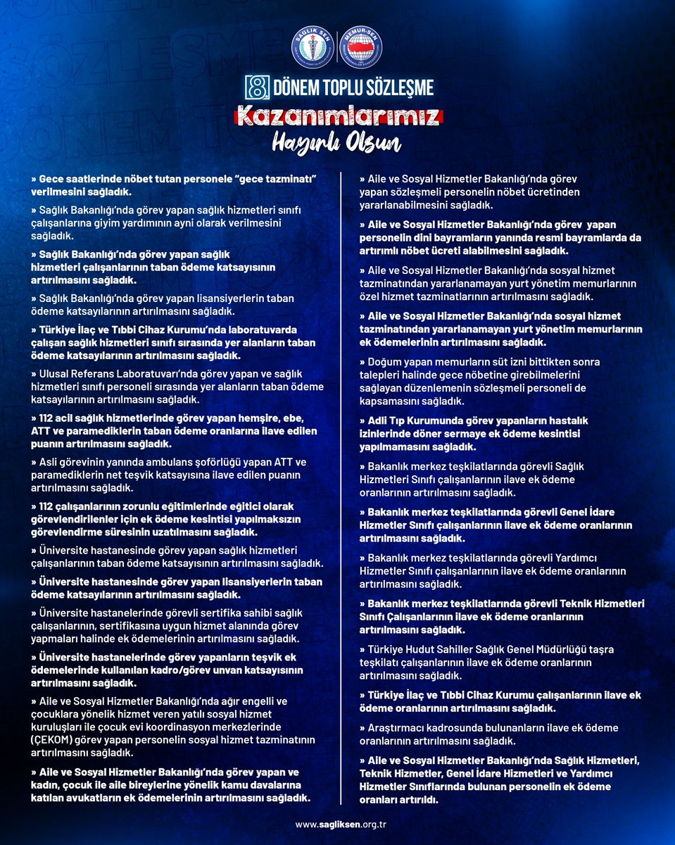 sagliksen's tweet photo. 8. Dönem Toplu Sözleşme Görüşmeleri sürecinde hizmet kolları masada mutabakata vardı.

Sağlık-Sen; gece çalışma tazminatı, taban ödeme katsayısının artırılması ve Sağlık Bakanlığı'ndaki sağlık hizmetleri sınıfı çalışanlarına giyim yardımının ayni olarak verilmesi gibi masada 29 önemli kazanıma imza attı. 

⤵️
https://t.co/ORvncY7DUu