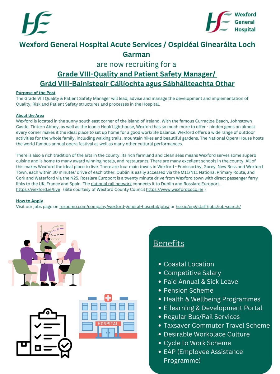 Job opportunity! <a href="/WexGenHosp/">Wexford General Hospital</a> as part of the <a href="/HSEDubSouthEast/">HSE Dublin and South East</a> Region are recruiting for a Grade VIII - Quality &amp; Patient Safety Manager.

Applications close on Wednesday 10th  September 2025 @ 15:00 p.m.

Further detail can be found@ rezoomo.com/job/84241/