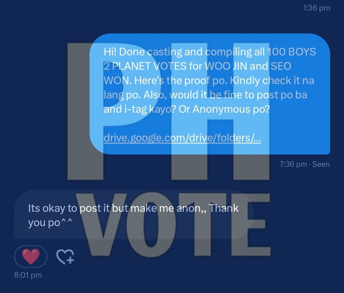 PH VOTE SELLER. (@phvoteseller) on Twitter photo SOLD | 2008 - BOYS 2 PLANET VOTES
π« sold 100 boys2planet votes for KANG WOOJIN & SEO WON
 purchased by ANONYMOUS 
thank you so much for purchasing  π π«Άπ»
#PHvoteproofs SOLD | 2008 - BOYS 2 PLANET VOTES
π« sold 100 boys2planet votes for KANG WOOJIN & SEO WON
 purchased by ANONYMOUS 
thank you so much for purchasing  π π«Άπ»
#PHvoteproofs