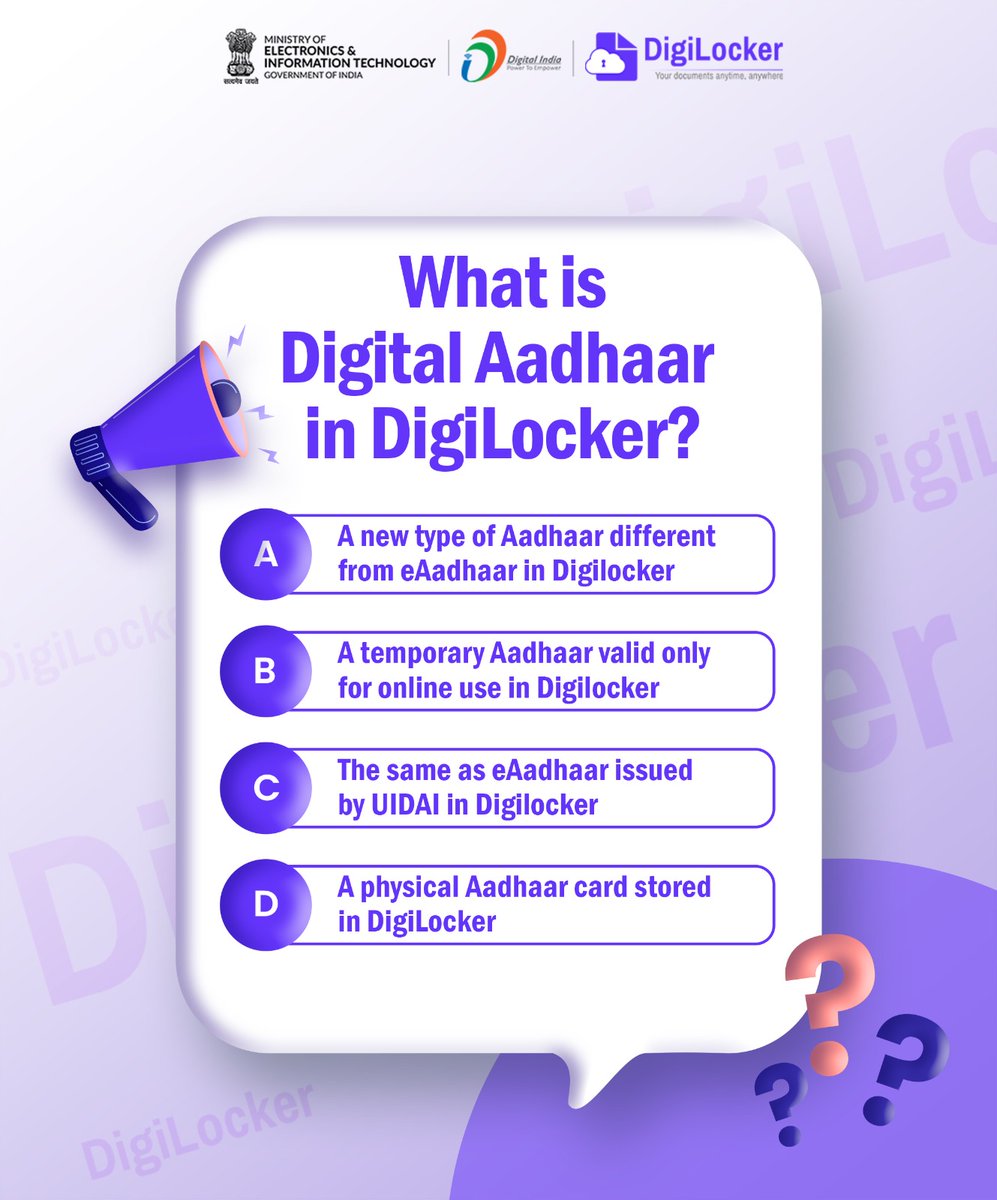 _DigitalIndia's tweet image. Did you know? Your Digital Aadhaar in DigiLocker is as valid as the eAadhaar issued by UIDAI!

 No more photocopies or printouts — just share it electronically, anytime, anywhere. 

So, can you guess the right answer? 

#digitalindia #digilocker