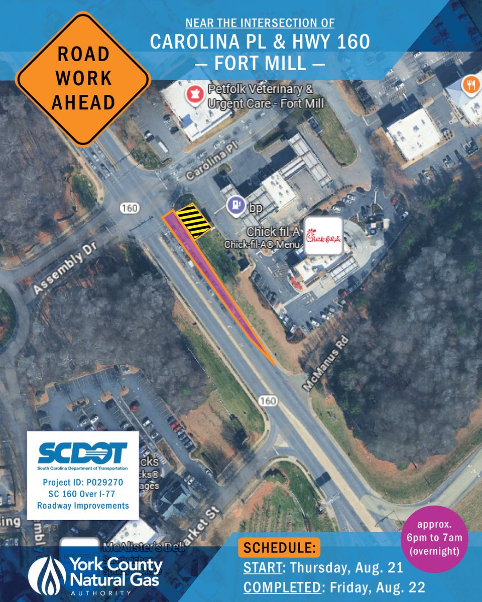 🚧 Overnight road work on SC 160 near Carolina Pl in #FortMill this Thurs, Aug. 21 from 6 PM–7 AM Fri, Aug. 22. Lane closures expected as part of @SCDOTRoads improvement project. Please drive with caution.